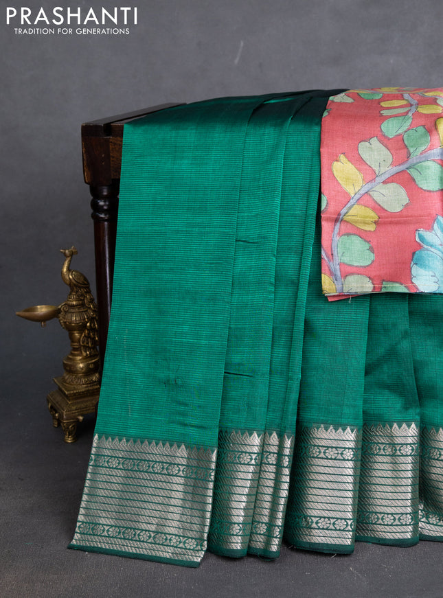 Mangalgiri silk cotton saree green and maroon with plain body and silver zari woven border