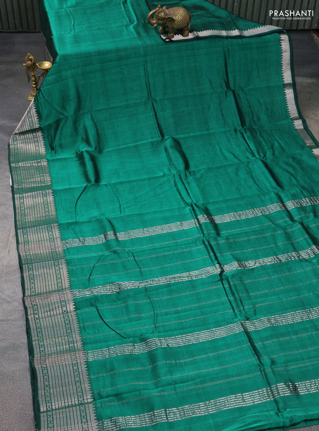 Mangalgiri silk cotton saree green and maroon with plain body and silver zari woven border