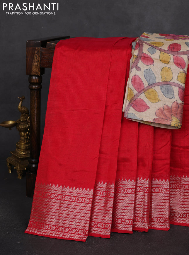 Mangalgiri silk cotton saree red and beige with plain body and silver zari woven border