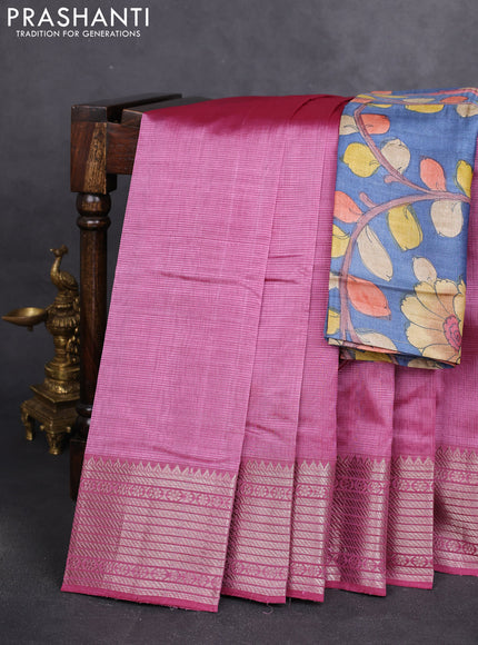 Mangalgiri silk cotton saree mauve pink and bluish grey with plain body and silver zari woven border