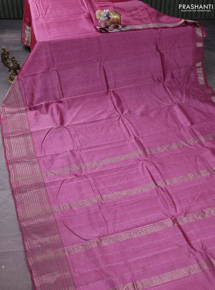 Mangalgiri silk cotton saree mauve pink and bluish grey with plain body and silver zari woven border