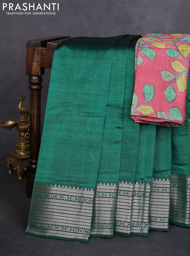 Mangalgiri silk cotton saree green and pastel maroon with plain body and silver zari woven border