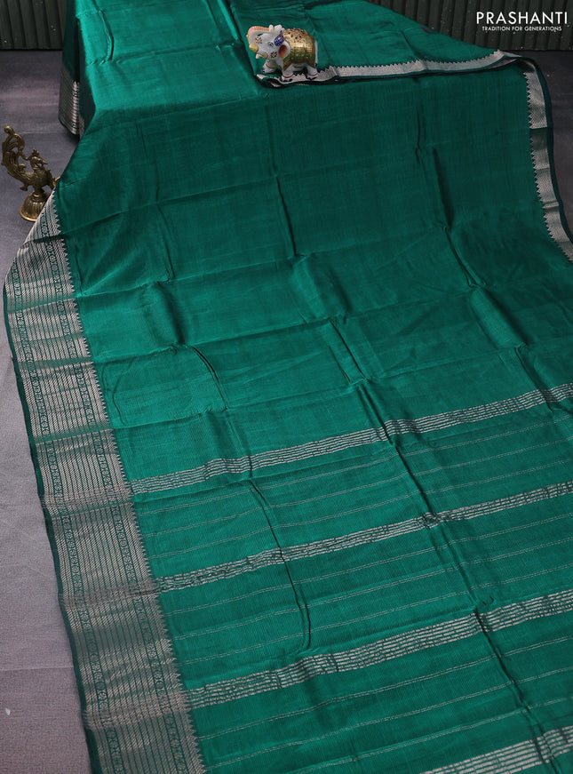 Mangalgiri silk cotton saree green and pastel maroon with plain body and silver zari woven border