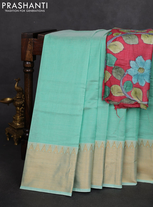Mangalgiri silk cotton saree teal green and maroon with plain body and zari woven border