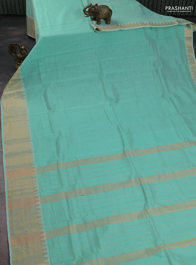 Mangalgiri silk cotton saree teal green and maroon with plain body and zari woven border