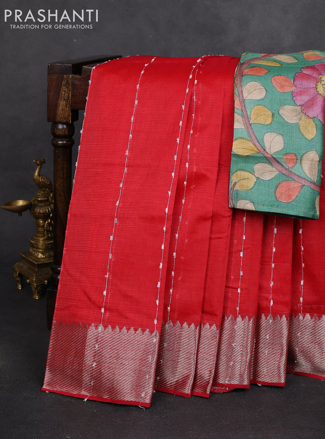 Mangalgiri silk cotton saree red and teal green with allover thread weaves and zari woven border
