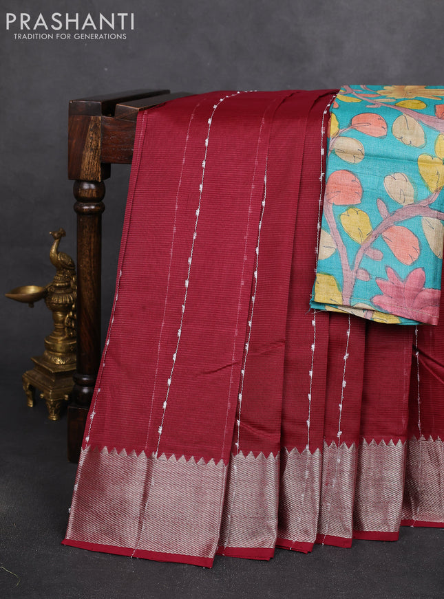 Mangalgiri silk cotton saree maroon and teal blue with allover thread weaves and silver zari woven border