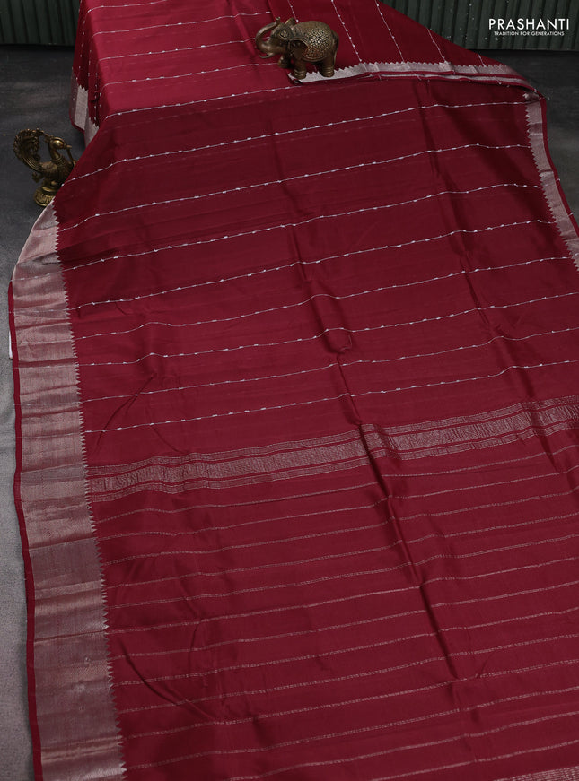 Mangalgiri silk cotton saree maroon and teal blue with allover thread weaves and silver zari woven border