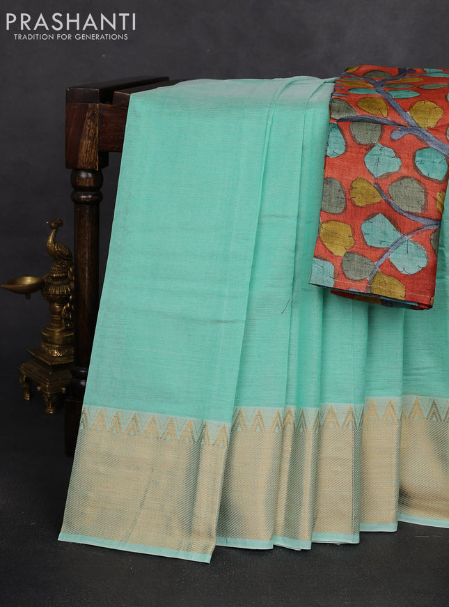 Mangalgiri silk cotton saree teal green and rust shade with plain body and zari woven border