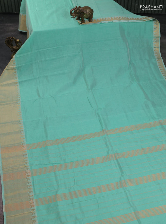 Mangalgiri silk cotton saree teal green and rust shade with plain body and zari woven border