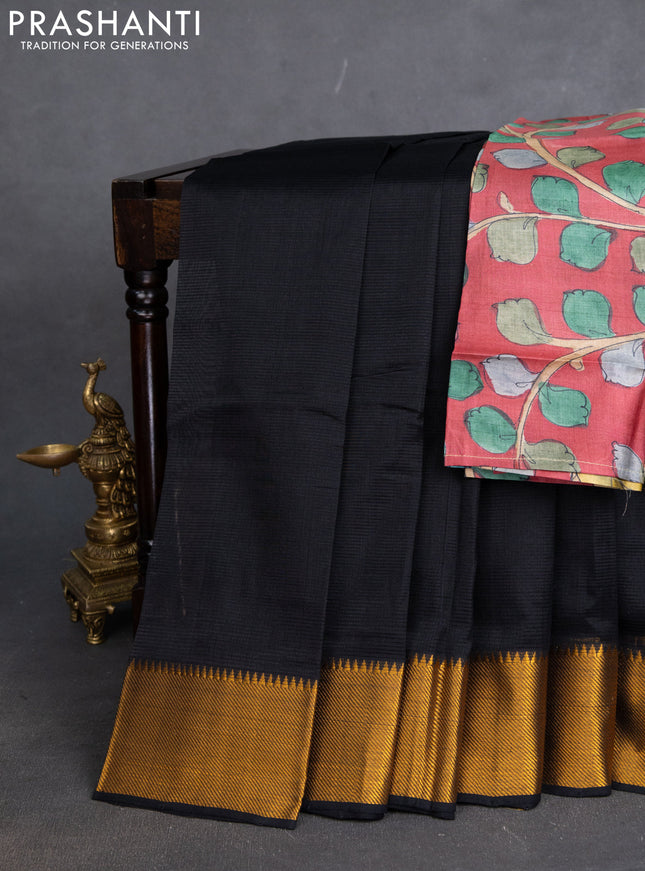 Mangalgiri silk cotton saree black and pink shade with plain body and zari woven border