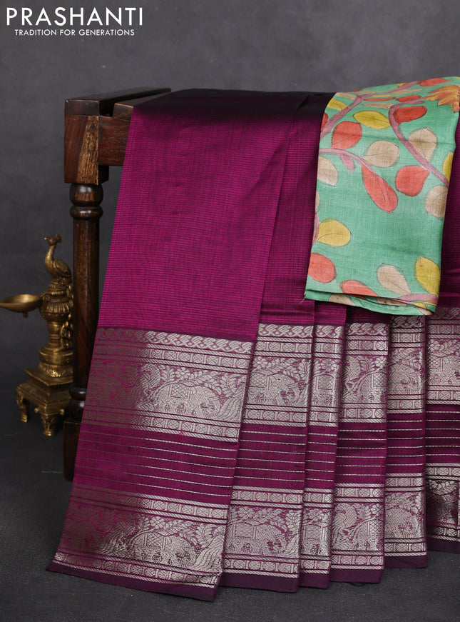 Mangalgiri silk cotton saree deep purple and green with plain body and silver zari woven border
