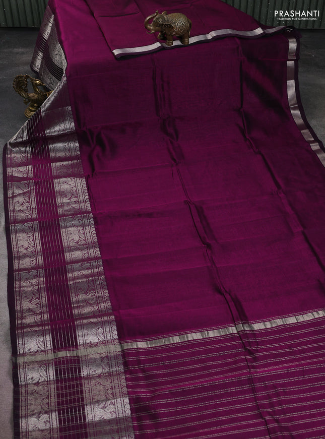 Mangalgiri silk cotton saree deep purple and green with plain body and silver zari woven border