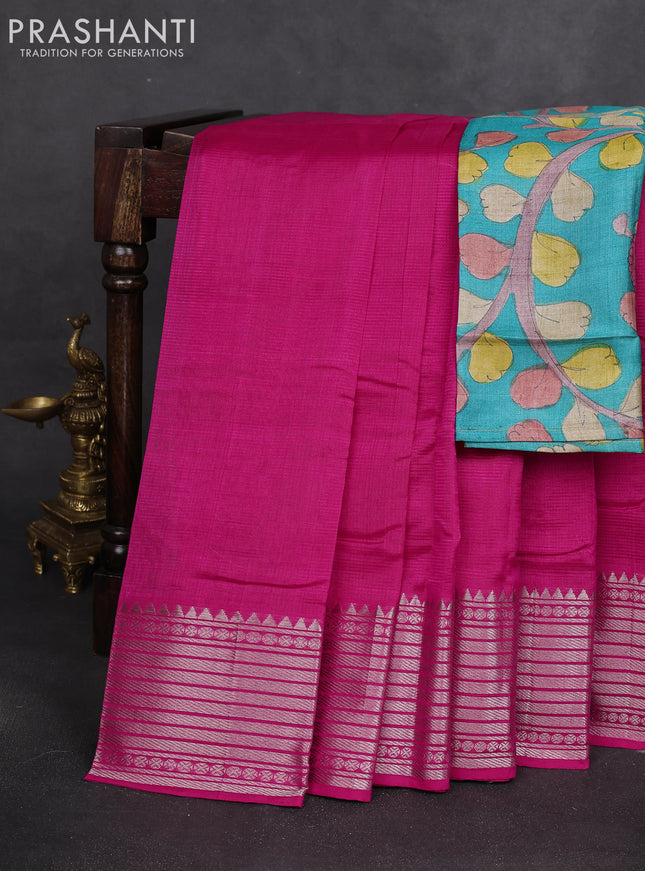 Mangalgiri silk cotton saree pink and teal blue with plain body and silver zari woven border