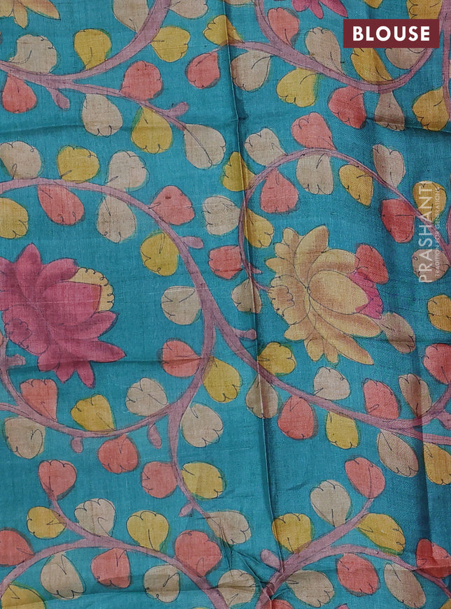 Mangalgiri silk cotton saree pink and teal blue with plain body and silver zari woven border