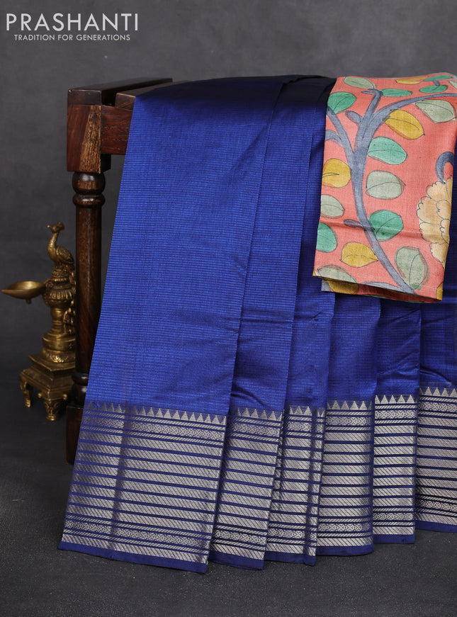 Mangalgiri silk cotton saree blue and rust shade with plain body and silver zari woven border