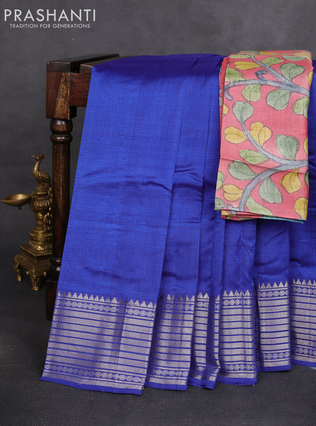 Mangalgiri silk cotton saree blue and pink shade with plain body and silver zari woven border