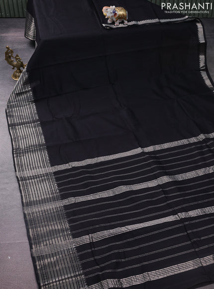 Mangalgiri silk cotton saree black and green shade with plain body and silver zari woven border