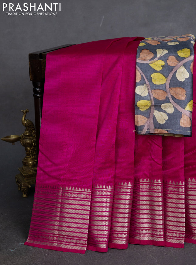 Mangalgiri silk cotton saree pink and elephant grey with plain body and silver zari woven border