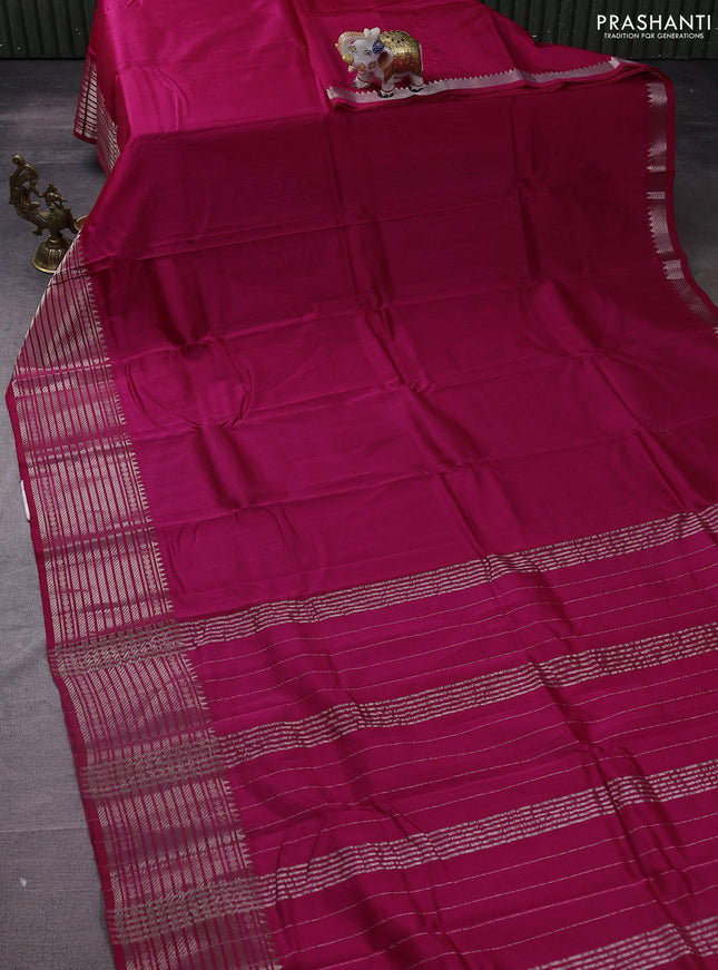 Mangalgiri silk cotton saree pink and elephant grey with plain body and silver zari woven border