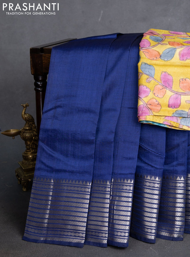 Mangalgiri silk cotton saree dark blue and yellow with plain body and silver zari woven border