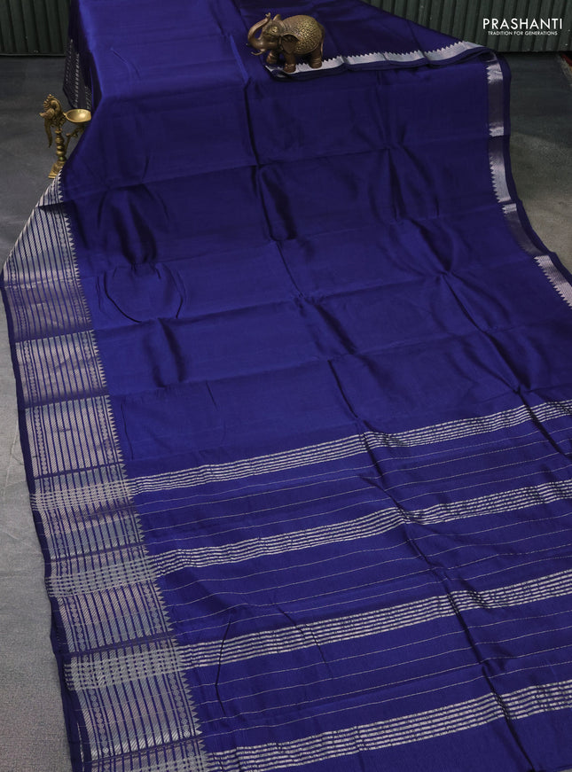 Mangalgiri silk cotton saree dark blue and yellow with plain body and silver zari woven border