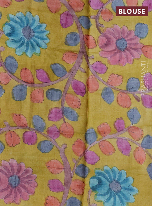 Mangalgiri silk cotton saree dark blue and yellow with plain body and silver zari woven border