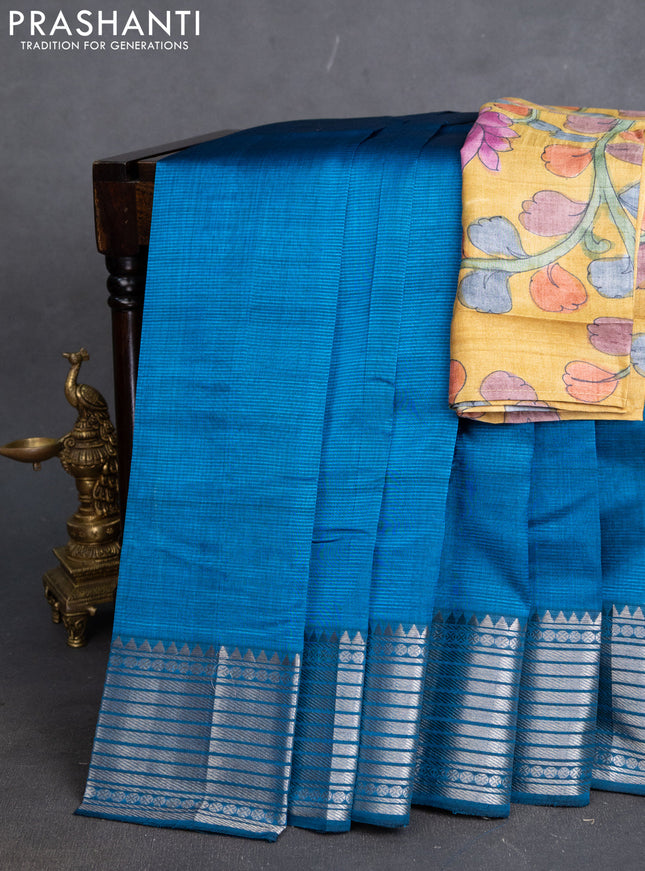 Mangalgiri silk cotton saree cs blue and yellow with plain body and silver zari woven border
