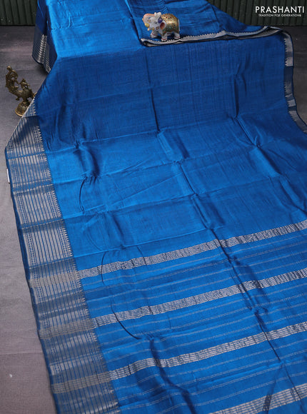 Mangalgiri silk cotton saree cs blue and yellow with plain body and silver zari woven border