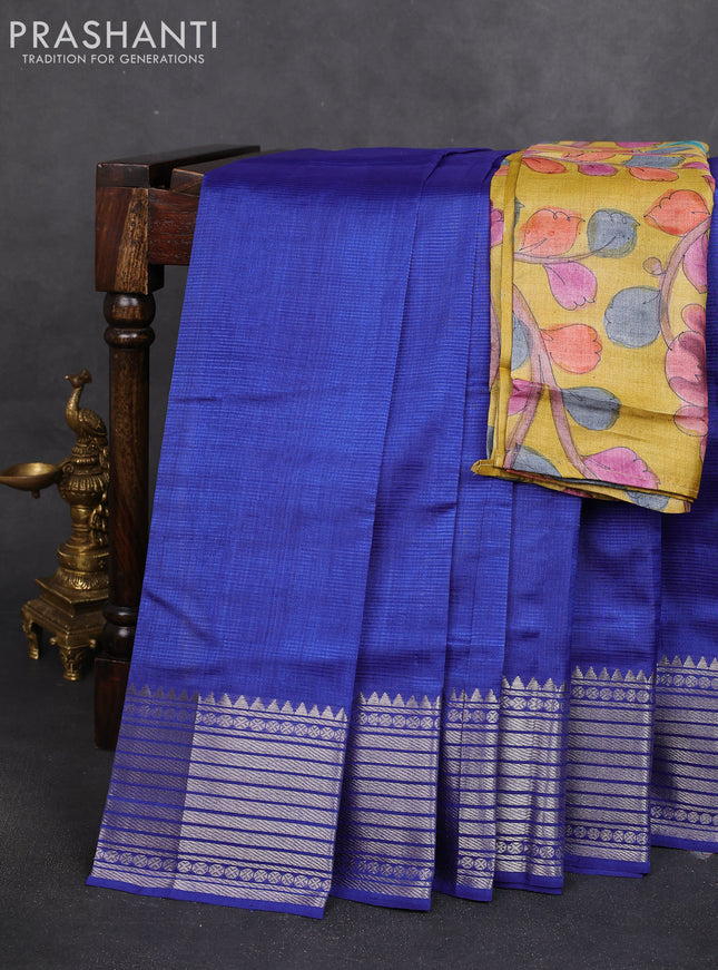 Mangalgiri silk cotton saree blue and mustard yellow with plain body and silver zari woven border