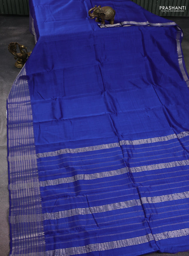 Mangalgiri silk cotton saree blue and mustard yellow with plain body and silver zari woven border
