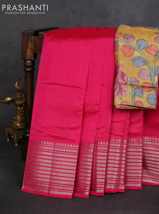 Mangalgiri silk cotton saree pink and mustard yellow with plain body and silver zari woven border
