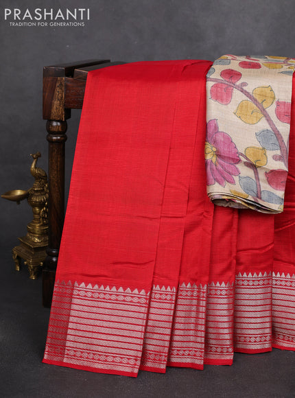 Mangalgiri silk cotton saree red and beige with plain body and silver zari woven border