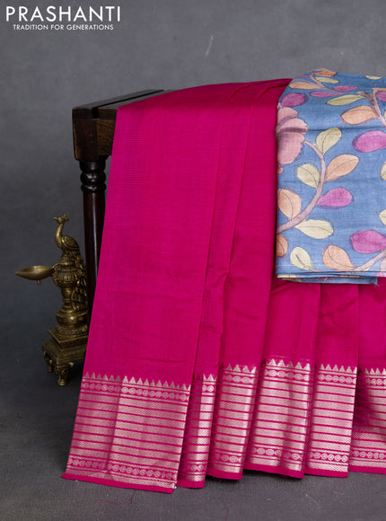 Mangalgiri silk cotton saree pink and blue with plain body and silver zari woven border