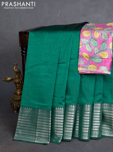 Mangalgiri silk cotton saree green and pink with plain body and silver zari woven border