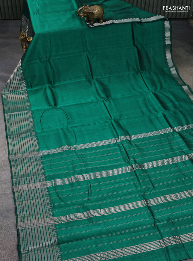 Mangalgiri silk cotton saree green and pink with plain body and silver zari woven border
