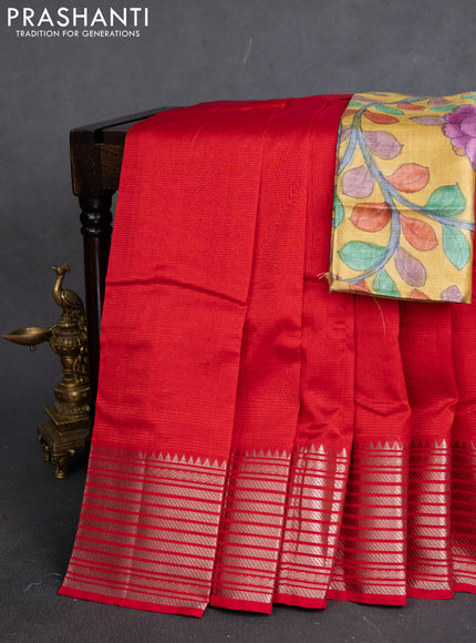 Mangalgiri silk cotton saree red and mustard yellow with plain body and silver zari woven border