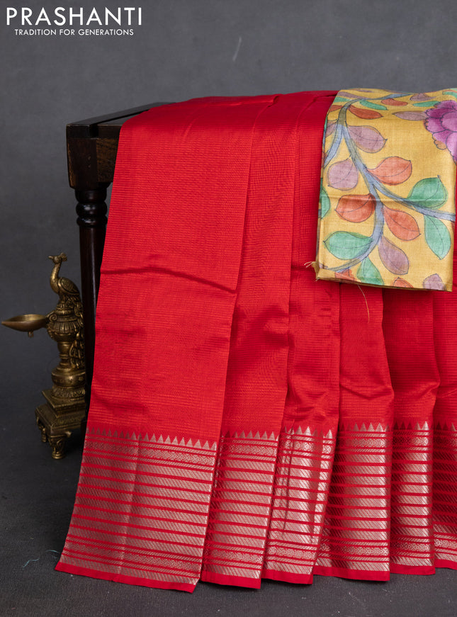 Mangalgiri silk cotton saree red and mustard yellow with plain body and silver zari woven border