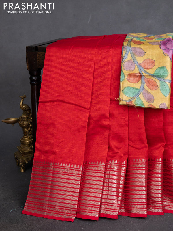 Mangalgiri silk cotton saree red and mustard yellow with plain body and silver zari woven border