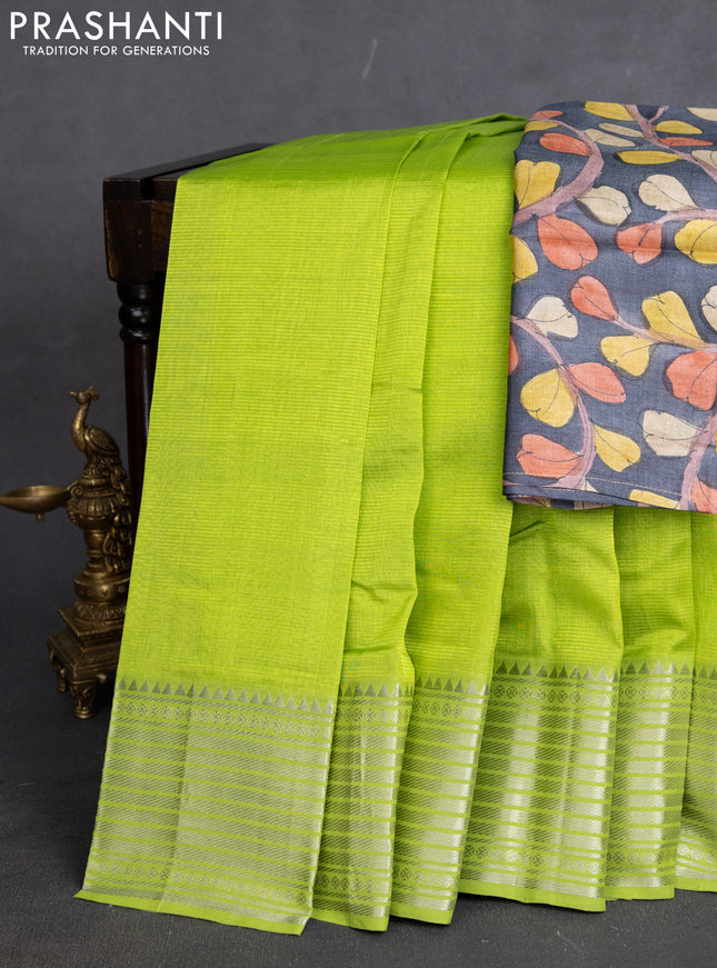 Mangalgiri silk cotton saree light green and grey with plain body and silver zari woven border