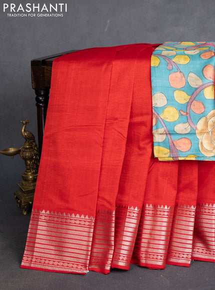 Mangalgiri silk cotton saree red and teal blue with plain body and silver zari woven border