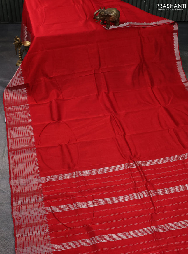 Mangalgiri silk cotton saree red and teal blue with plain body and silver zari woven border