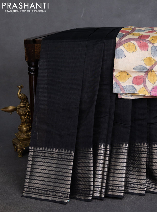 Mangalgiri silk cotton saree black and beige with plain body and silver zari woven border