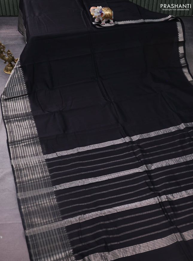 Mangalgiri silk cotton saree black and beige with plain body and silver zari woven border