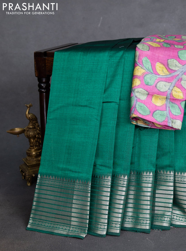 Mangalgiri silk cotton saree green and pink with plain body and silver zari woven border