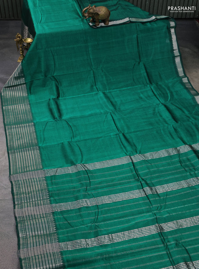 Mangalgiri silk cotton saree green and pink with plain body and silver zari woven border