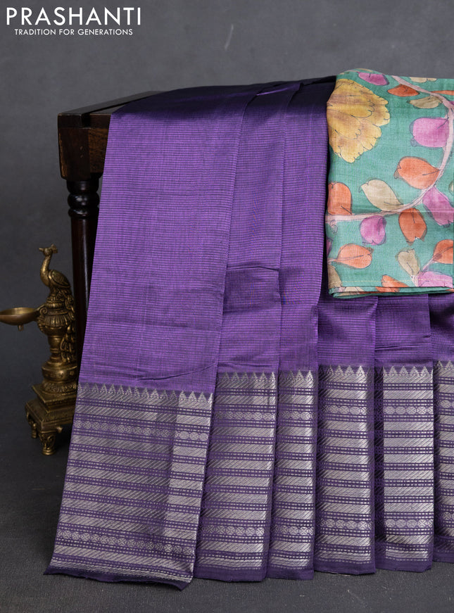Mangalgiri silk cotton saree violet and green with plain body and silver zari woven border
