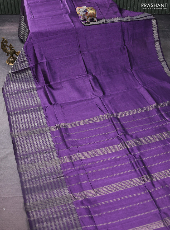 Mangalgiri silk cotton saree violet and green with plain body and silver zari woven border