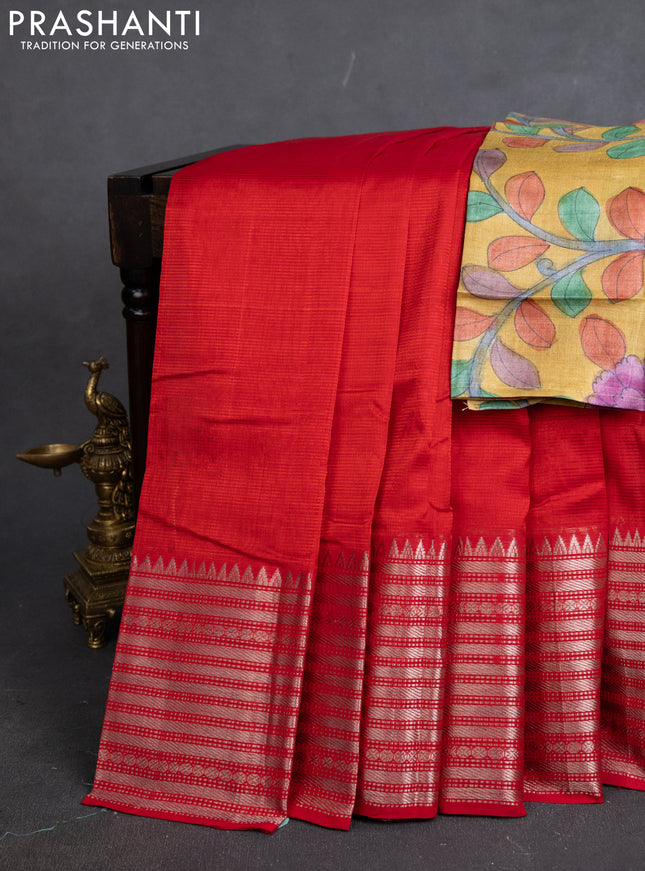 Mangalgiri silk cotton saree red and yellow with plain body and silver zari woven border