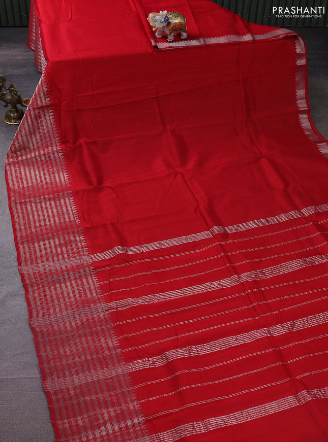 Mangalgiri silk cotton saree red and yellow with plain body and silver zari woven border